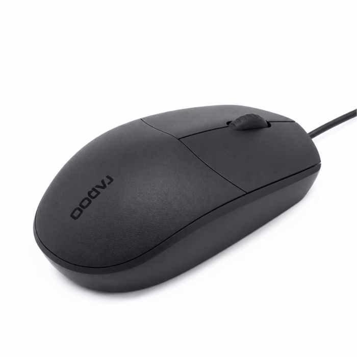 rapoo-n200-usb-mouse-black-4 เมาส์แบบมีสาย Rapoo N200 สีดำ มุมมองสามมิติเฉียง แสดงพื้นผิวด้านกันลื่นและสายเคเบิล USB