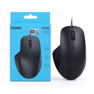 เมาส์แบบมีสาย USB Rapoo N500 สีดำ ทรง Ergonomic วางคู่กับกล่องบรรจุภัณฑ์ Optical Mouse ประกัน Synnex