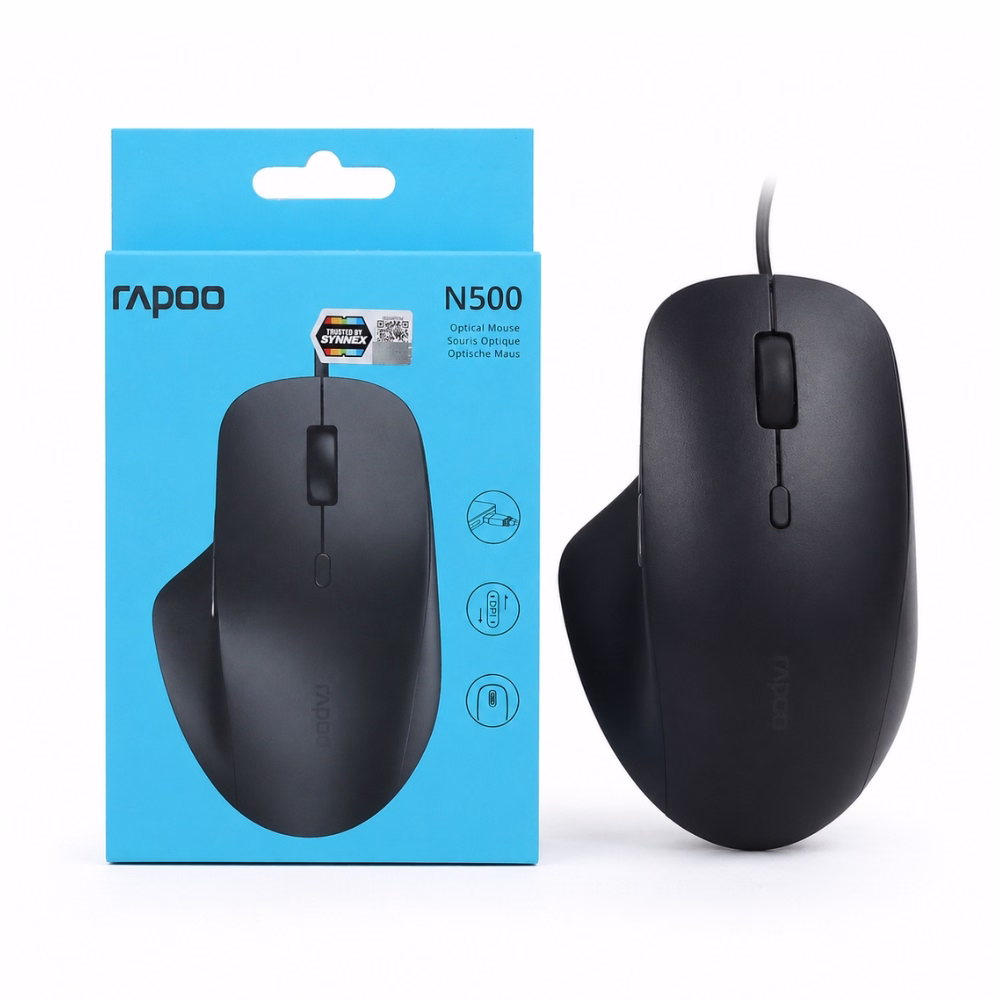 เมาส์แบบมีสาย USB Rapoo N500 สีดำ ทรง Ergonomic วางคู่กับกล่องบรรจุภัณฑ์ Optical Mouse ประกัน Synnex