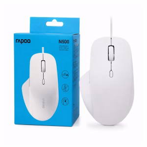 เมาส์แบบมีสาย USB Rapoo N500 สีขาว ทรง Ergonomic วางคู่กับกล่องบรรจุภัณฑ์ Optical Mouse