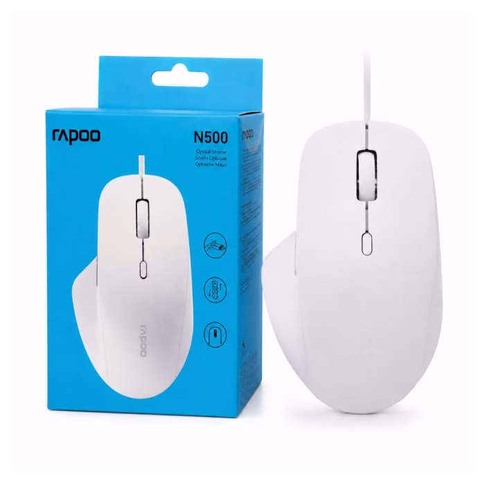 rapoo-n500-usb-mouse-white-1 เมาส์แบบมีสาย USB Rapoo N500 สีขาว ทรง Ergonomic วางคู่กับกล่องบรรจุภัณฑ์ Optical Mouse