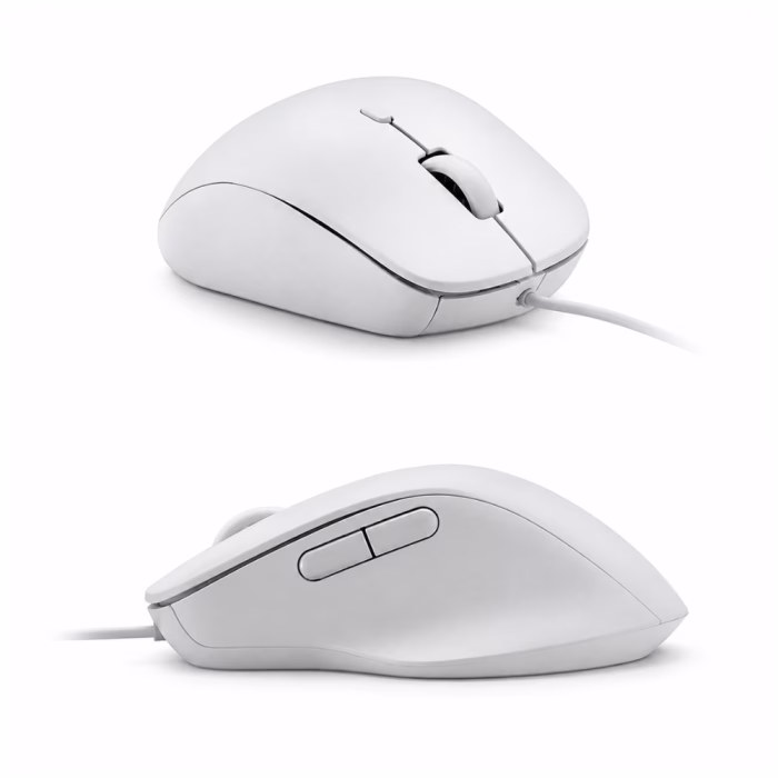 rapoo-n500-usb-mouse-white-3 เมาส์มีสาย Rapoo N500 สีขาว แสดงมุมมองสามมิติเฉียงและมุมมองด้านข้างพร้อมปุ่มกด Forward-Backward