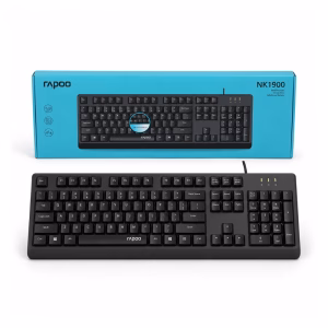 คีย์บอร์ดแบบมีสาย USB Rapoo NK1900 สีดำ วางคู่กับกล่องบรรจุภัณฑ์ Wired Keyboard ประกัน Synnex