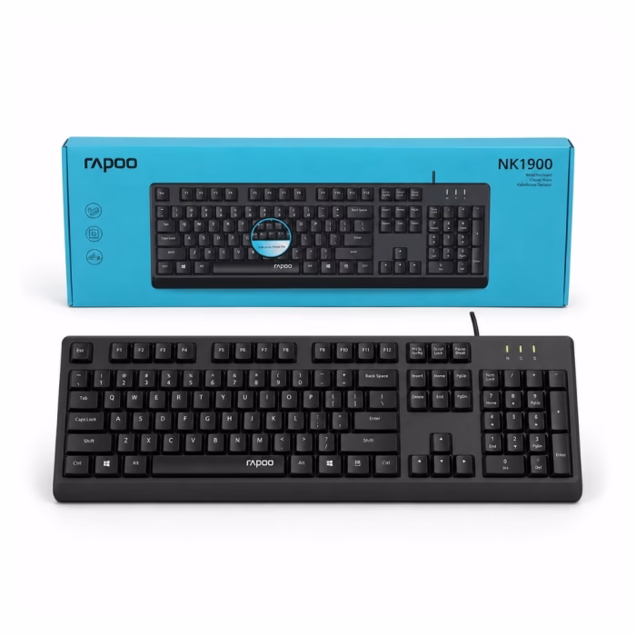 rapoo-nk1900-usb-keyboard-black-1 คีย์บอร์ดแบบมีสาย USB Rapoo NK1900 สีดำ วางคู่กับกล่องบรรจุภัณฑ์ Wired Keyboard ประกัน Synnex