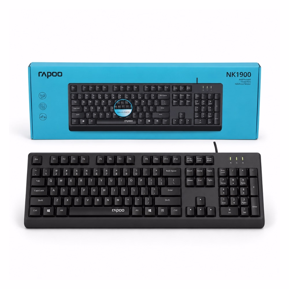 คีย์บอร์ดแบบมีสาย USB Rapoo NK1900 สีดำ วางคู่กับกล่องบรรจุภัณฑ์ Wired Keyboard ประกัน Synnex