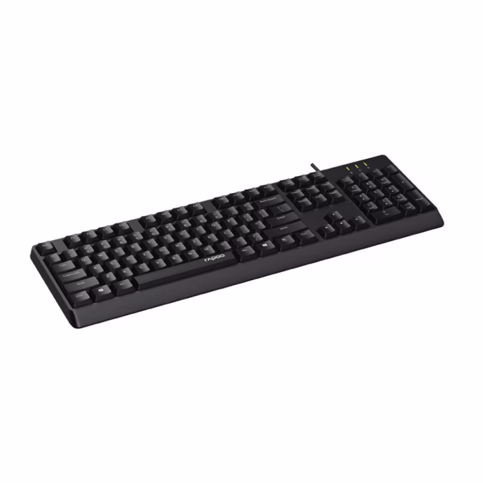 rapoo-nk1900-usb-keyboard-black-2 คีย์บอร์ดแบบมีสาย Rapoo NK1900 สีดำ มุมมองสามมิติเฉียง แสดงเลย์เอาต์แป้นพิมพ์และไฟแสดงสถานะ LED