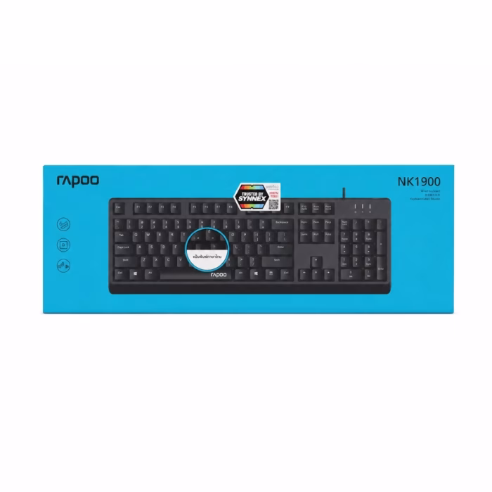 rapoo-nk1900-usb-keyboard-black-4 กล่องบรรจุภัณฑ์คีย์บอร์ดมีสาย Rapoo NK1900 Wired Keyboard โทนสีฟ้า พร้อมสติกเกอร์รับประกัน Synnex และจุดเด่นแป้นพิมพ์ภาษาไทย