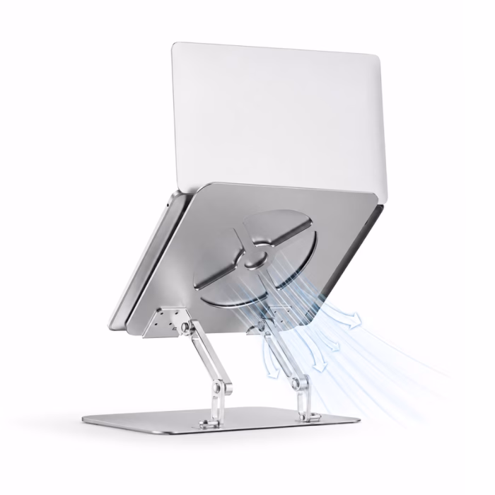 rapoo-sl500-aluminum-silver-4 ภาพจำลองการวางแล็ปท็อปบนขาตั้ง Rapoo SL500 พร้อมกราฟิกระบายความร้อนและถ่ายเทอากาศด้านหลัง