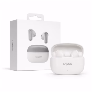 หูฟังบลูทูธไร้สาย Rapoo T100 TWS สีขาว ในเคสชาร์จเปิดฝา วางคู่กับกล่องบรรจุภัณฑ์ Wireless Bluetooth Earbuds