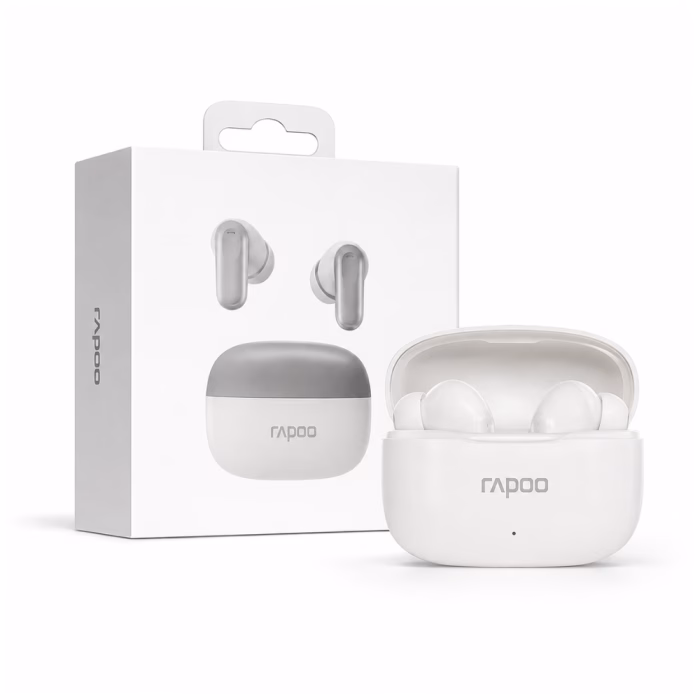 rapoo-t100-tws-bluetooth-earbuds-1 หูฟังบลูทูธไร้สาย Rapoo T100 TWS สีขาว ในเคสชาร์จเปิดฝา วางคู่กับกล่องบรรจุภัณฑ์ Wireless Bluetooth Earbuds