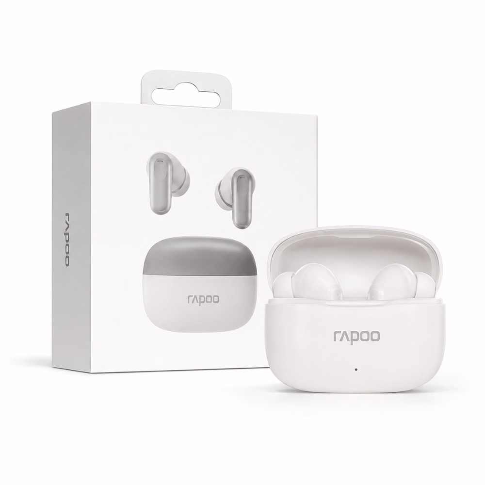 หูฟังบลูทูธไร้สาย Rapoo T100 TWS สีขาว ในเคสชาร์จเปิดฝา วางคู่กับกล่องบรรจุภัณฑ์ Wireless Bluetooth Earbuds