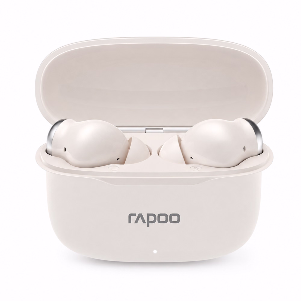 เคสชาร์จหูฟังไร้สาย Rapoo T100 สีขาว เปิดฝาแสดงหูฟัง In-Ear ทั้งข้างซ้ายและข้างขวา พร้อมไฟแสดงสถานะ LED