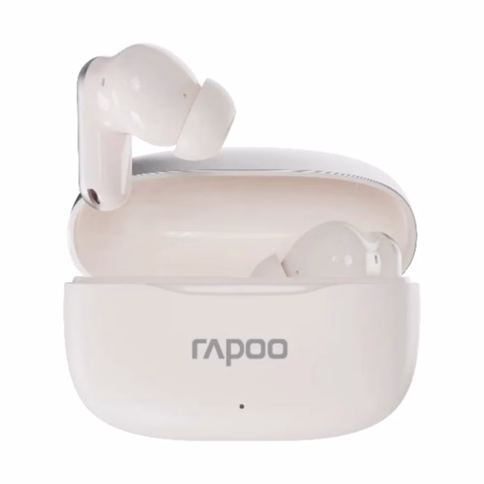 rapoo-t100-tws-bluetooth-earbuds-3 หูฟังบลูทูธ Rapoo T100 สีขาว แสดงดีไซน์ก้านหูฟัง จุกซิลิโคน In-Ear และเคสชาร์จ