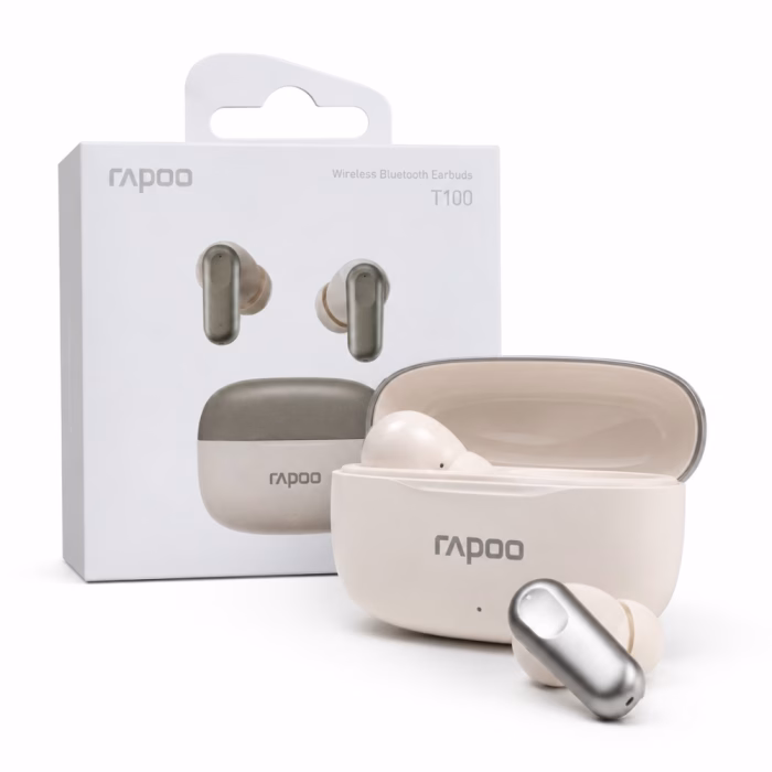 rapoo-t100-tws-bluetooth-earbuds-4 ชุดหูฟังบลูทูธ Rapoo T100 TWS สีขาว-เมทัลลิก มุมมองสามมิติ พร้อมเคสชาร์จและกล่องบรรจุภัณฑ์