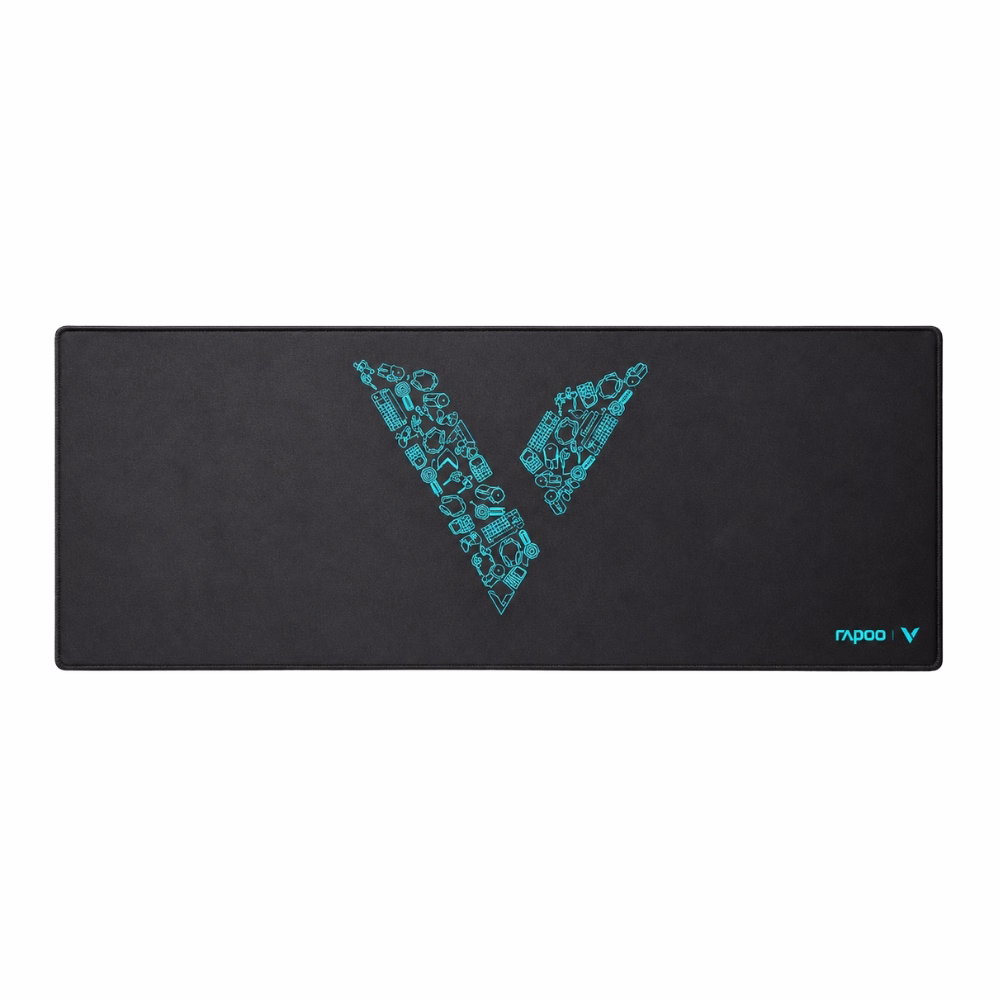 rapoo-v1l-gaming-mouse-pad-black-1 แผ่นรองเมาส์เกมมิ่ง Rapoo V1L สีดำ ขนาดใหญ่พิเศษ แสดงลวดลายกราฟิกโลโก้ตัววีสีฟ้าและขอบเย็บเก็บมุม