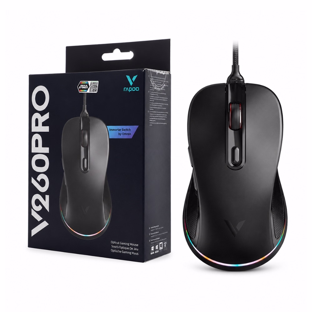 เมาส์เกมมิ่งมีสาย USB Rapoo V260PRO สีดำ ไฟ RGB วางคู่กับกล่องบรรจุภัณฑ์ Optical Gaming Mouse ประกัน Synnex