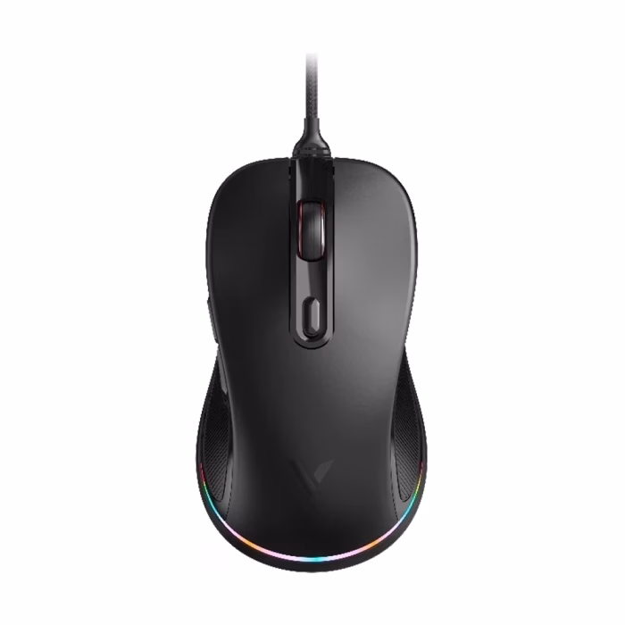 เมาส์เกมมิ่ง Rapoo V260PRO สีดำ มุมมองด้านบนตรง แสดงดีไซน์ทรงสมมาตร ปุ่มปรับ DPI และแถบไฟ RGB ท้ายตัวเมาส์