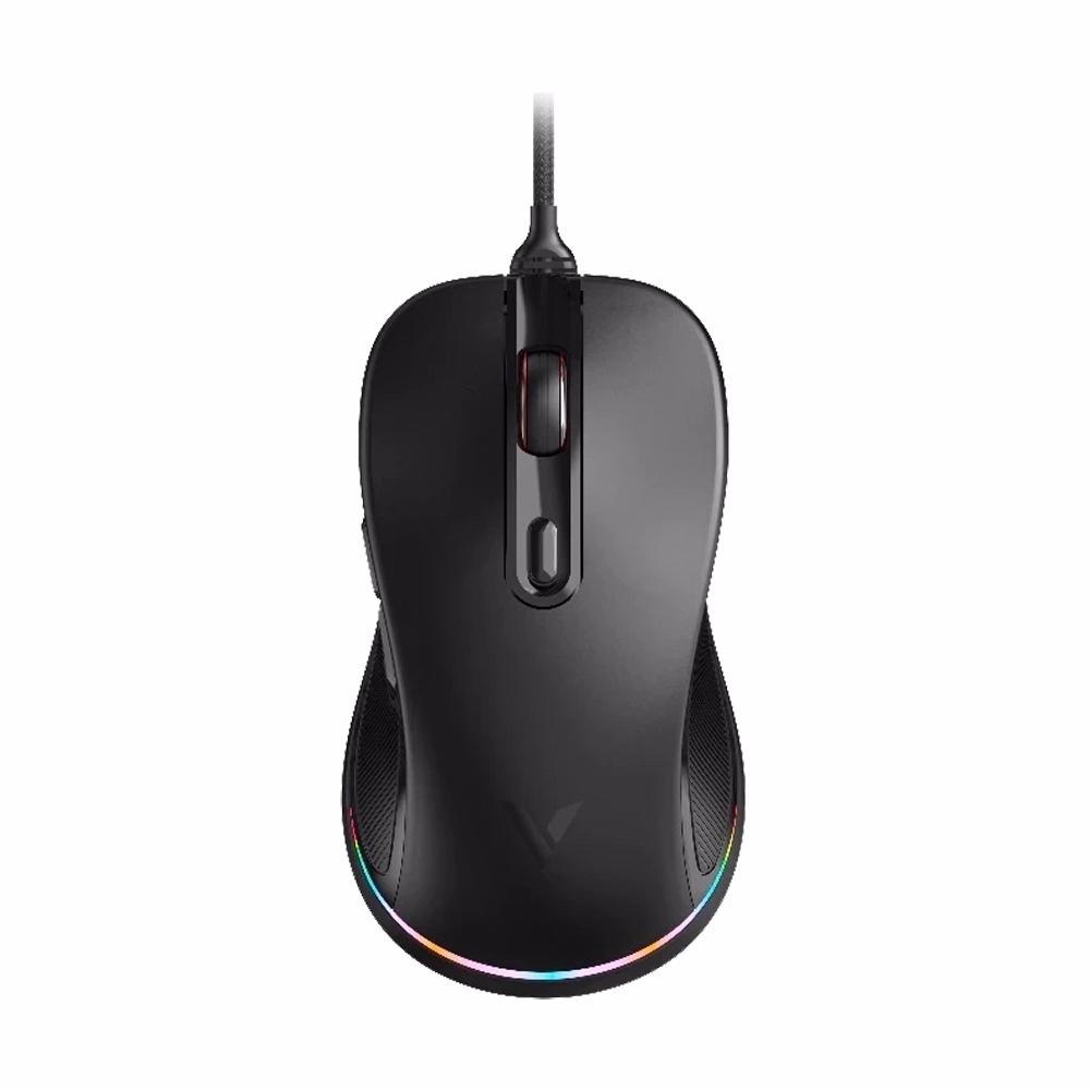 เมาส์เกมมิ่ง Rapoo V260PRO สีดำ มุมมองด้านบนตรง แสดงดีไซน์ทรงสมมาตร ปุ่มปรับ DPI และแถบไฟ RGB ท้ายตัวเมาส์