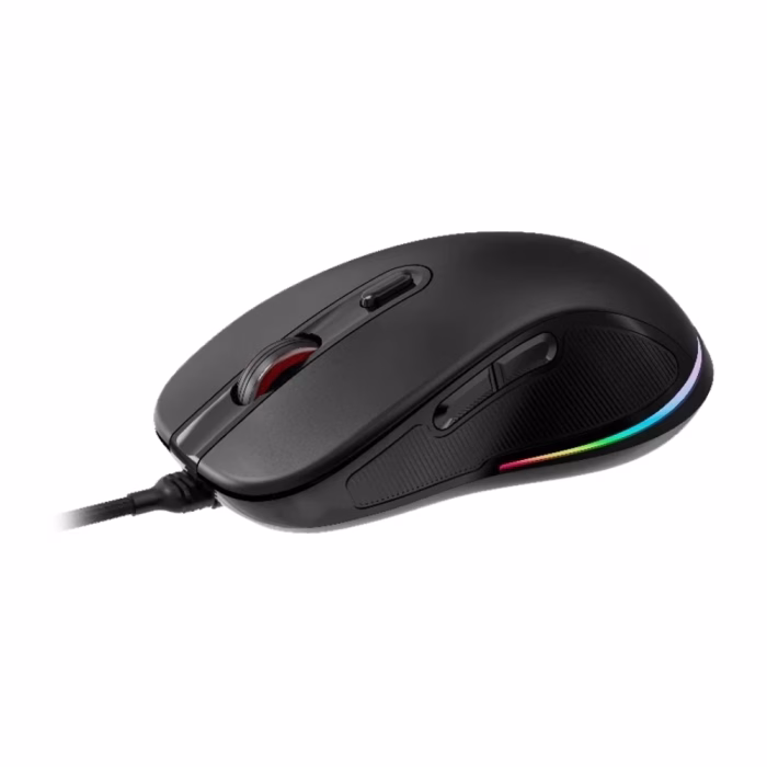 เมาส์เกมมิ่ง Rapoo V260PRO สีดำ มุมมองสามมิติเฉียง แสดงปุ่มกดด้านข้าง กริปยางกันลื่น และสายถัก USB