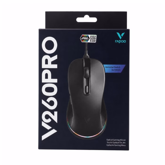 กล่องบรรจุภัณฑ์เมาส์เกมมิ่ง Rapoo V260PRO Optical Gaming Mouse โทนสีดำ แสดงสวิตช์ Omron และสติกเกอร์รับประกัน Synnex