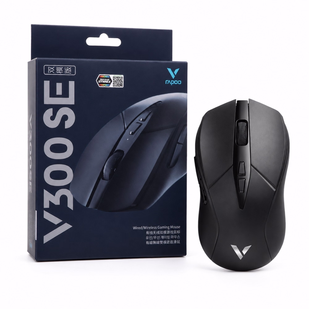 เมาส์เกมมิ่งไร้สาย Rapoo V300SE สีดำ ระบบ Dual-mode เสียบสายและไร้สาย วางคู่กับกล่องบรรจุภัณฑ์ ประกัน Synnex