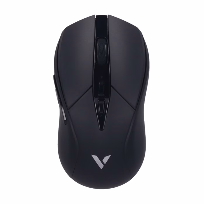 rapoo-v300se-wireless-black-2 เมาส์เกมมิ่ง Rapoo V300SE สีดำ มุมมองด้านบนตรง แสดงรูปทรงสมมาตร ปุ่มปรับ DPI คู่ และโลโก้ Rapoo V