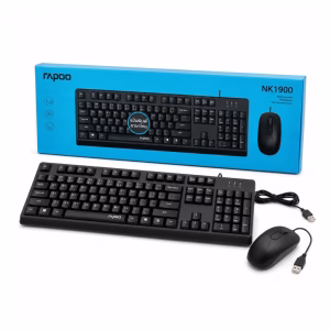 ชุดคีย์บอร์ดและเมาส์แบบมีสาย USB Rapoo X130PRO สีดำ สกรีนแป้นพิมพ์ภาษาไทย-อังกฤษ วางคู่กับกล่องบรรจุภัณฑ์