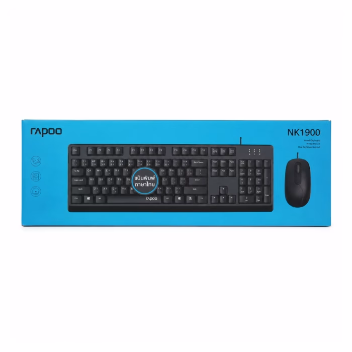 กล่องบรรจุภัณฑ์ชุดคีย์บอร์ดและเมาส์มีสาย Rapoo X130PRO Wired Combo โทนสีฟ้า ระบุจุดเด่นสกรีนแป้นพิมพ์ภาษาไทย