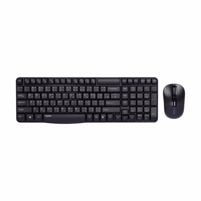 rapoo-x1800s-wireless-combo-black-2 คีย์บอร์ดและเมาส์ไร้สาย Rapoo X1800S สีดำ มุมมองด้านบนตรง แสดงเลย์เอาต์แป้นพิมพ์ไทย-อังกฤษ และเมาส์ออปติคัลไร้สาย