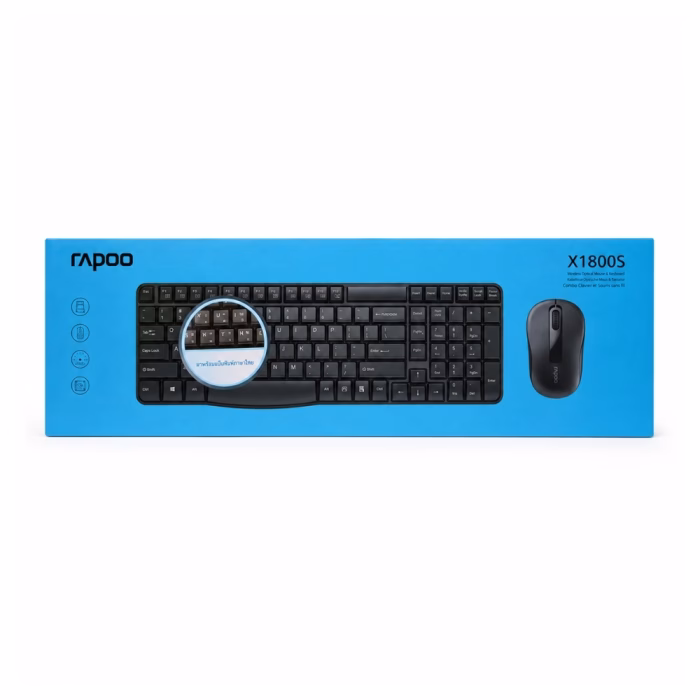 rapoo-x1800s-wireless-combo-black-3 กล่องบรรจุภัณฑ์ชุดคีย์บอร์ดและเมาส์ไร้สาย Rapoo X1800S Wireless Combo สีฟ้า แสดงจุดเด่นสกรีนแป้นพิมพ์ภาษาไทย