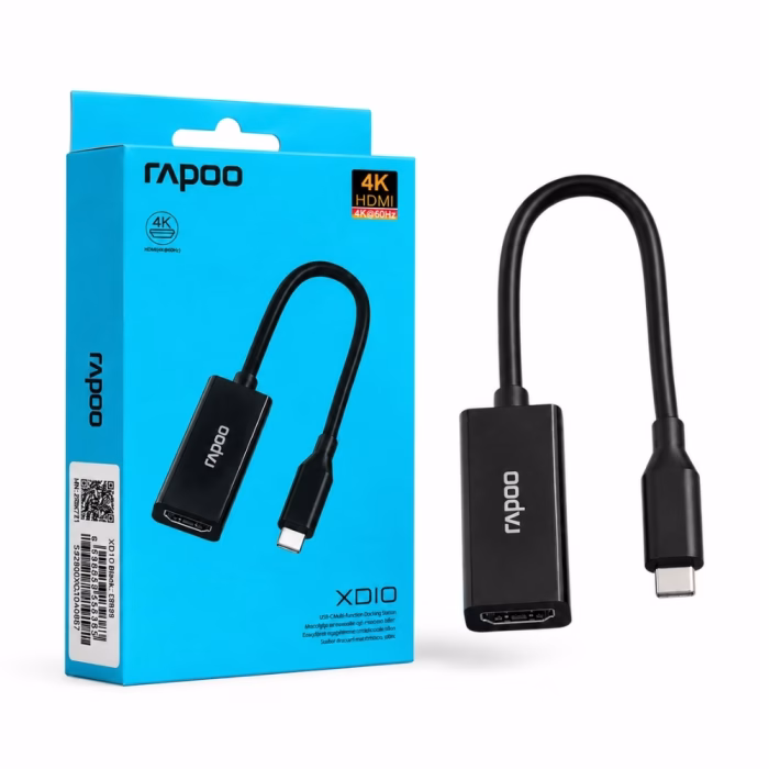 ตัวแปลงสัญญาณ Rapoo XD10 USB Type-C to HDMI 4K 60Hz สีดำ วางคู่กับกล่องบรรจุภัณฑ์ 4K HDMI