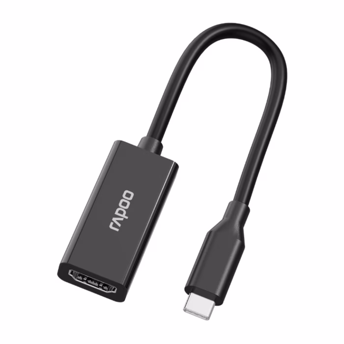 ตัวแปลงสัญญาณ Rapoo XD10 Type-C to HDMI สีดำ มุมมองสามมิติ แสดงสายเคเบิลโค้งงอได้และหัวต่อ Type-C ชุบนิกเกิล