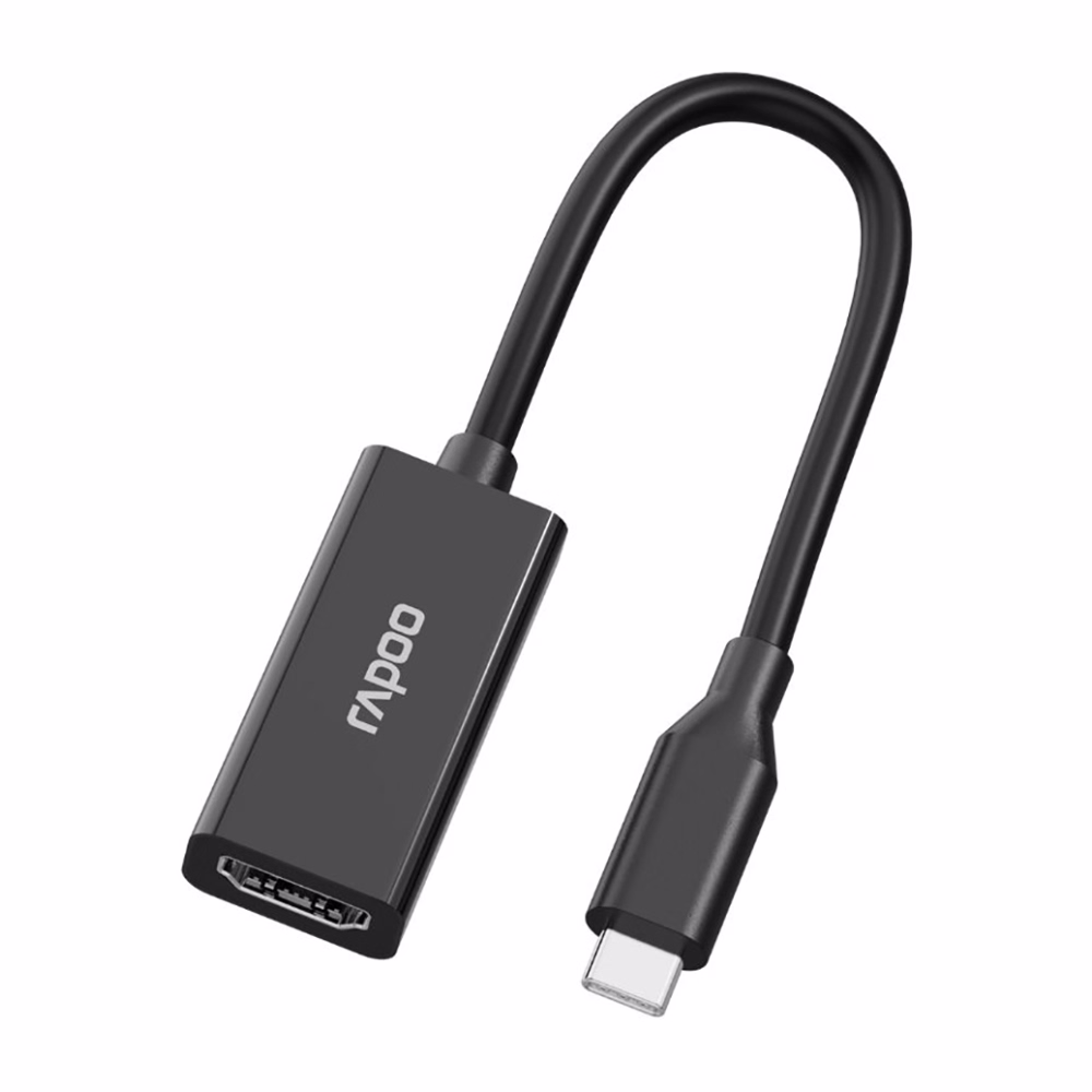 ตัวแปลงสัญญาณ Rapoo XD10 Type-C to HDMI สีดำ มุมมองสามมิติ แสดงสายเคเบิลโค้งงอได้และหัวต่อ Type-C ชุบนิกเกิล