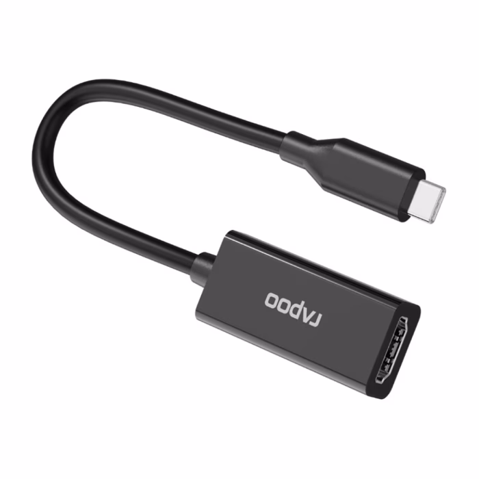 ตัวแปลง Rapoo XD10 USB Type-C to HDMI สีดำ มุมมองเฉียง แสดงช่องเสียบพอร์ต HDMI Female และโลโก้ Rapoo