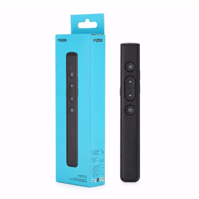 rapoo-xr100-wireless-presenter-1 พอยเตอร์ไร้สาย Rapoo XR100 สีดำ เลเซอร์สีแดง ชาร์จไฟได้ วางคู่กับกล่องบรรจุภัณฑ์ Smart Keynote Presenter