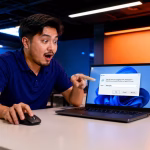ผู้ชายกำลังใช้เมาส์พร้อมชี้หน้าจอโน้ตบุ๊กที่เปิดหน้าต่าง Run ของ Windows และพิมพ์คำสั่ง %temp% เพื่อเตรียมลบไฟล์ขยะ