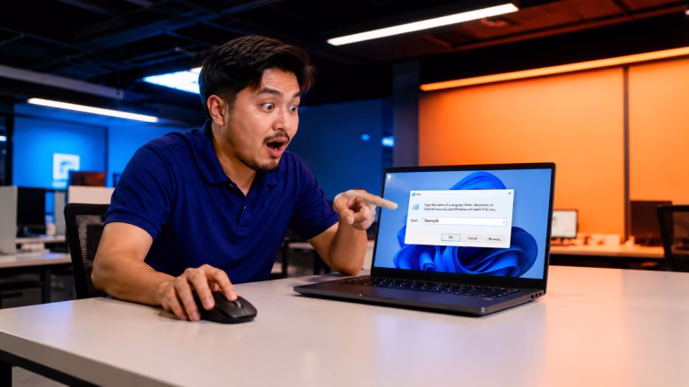 ผู้ชายกำลังใช้เมาส์พร้อมชี้หน้าจอโน้ตบุ๊กที่เปิดหน้าต่าง Run ของ Windows และพิมพ์คำสั่ง %temp% เพื่อเตรียมลบไฟล์ขยะ