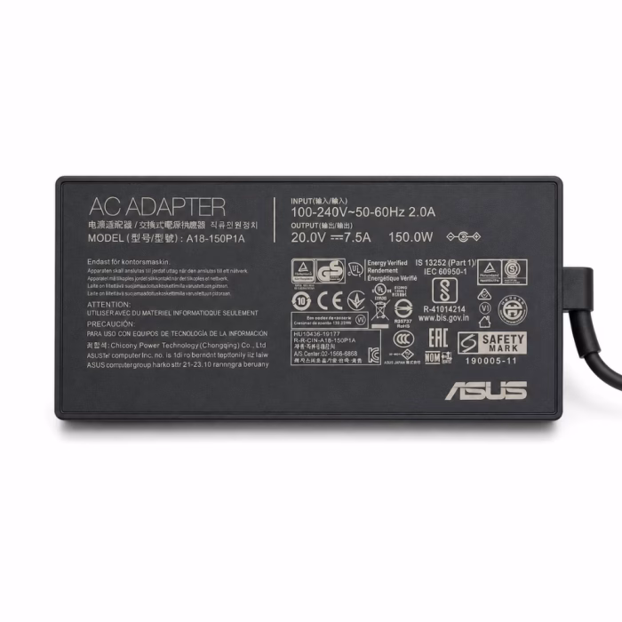ป้ายฉลากสเปกข้อมูลบนอะแดปเตอร์ชาร์จ Asus 20V 7.5A 150W รุ่น A18-150P1A พร้อมเครื่องหมายรับรองมาตรฐานความปลอดภัย