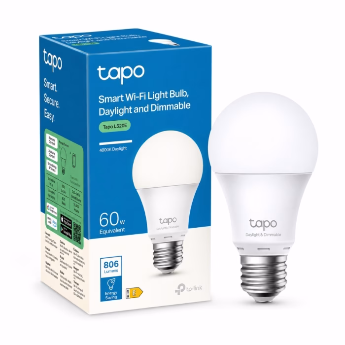tapo-smart-wifi-light-bulb-cool-white-dimmable-1 หลอดไฟอัจฉริยะ Tapo Smart WiFi Light Bulb สีขาว วางคู่กับกล่องบรรจุภัณฑ์สีฟ้าขาวรุ่น Tapo L520E