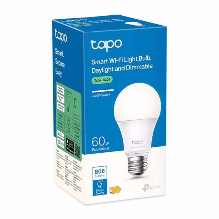 tapo-smart-wifi-light-bulb-cool-white-dimmable-3 กล่องบรรจุภัณฑ์หลอดไฟอัจฉริยะ Tapo Smart WiFi Light Bulb สีฟ้า แสดงรายละเอียดสเปก 60W Equivalent และ 806 Lumens