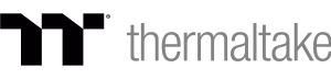 โลโก้ Thermaltake ตัวอักษรสีเทาบนพื้นหลังสีดำ เรียบง่ายและอ่านชื่อแบรนด์ได้ชัดเจน