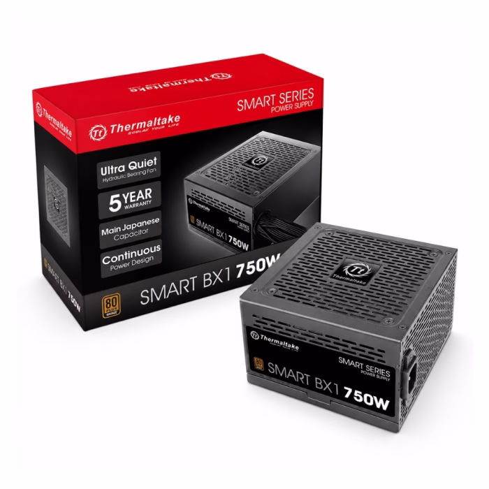 พาวเวอร์ซัพพลาย Thermaltake Smart BX1 750W 80 Plus Bronze วางคู่กับกล่องบรรจุภัณฑ์สีแดงดำ