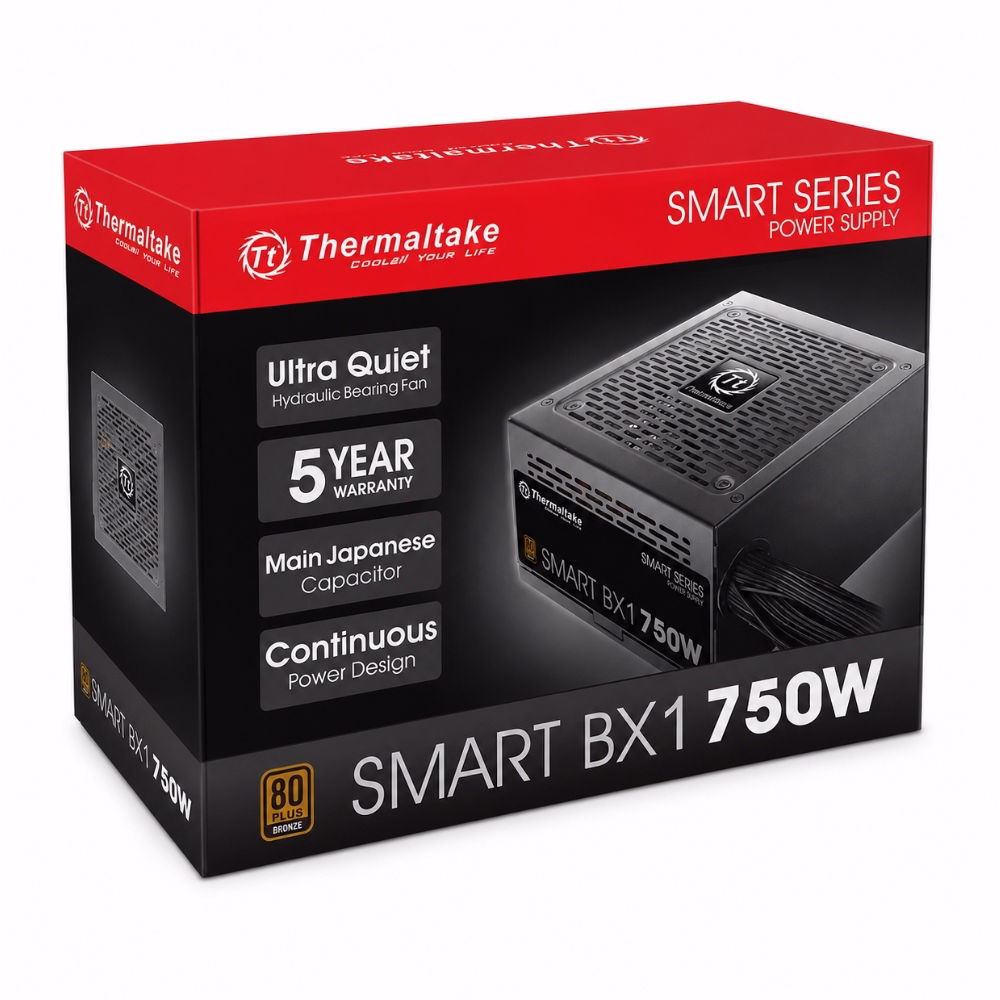 กล่องผลิตภัณฑ์และพาวเวอร์ซัพพลาย Thermaltake Smart BX1 750W 80 Plus Bronze ดีไซน์กล่องสีแดงดำโดดเด่น