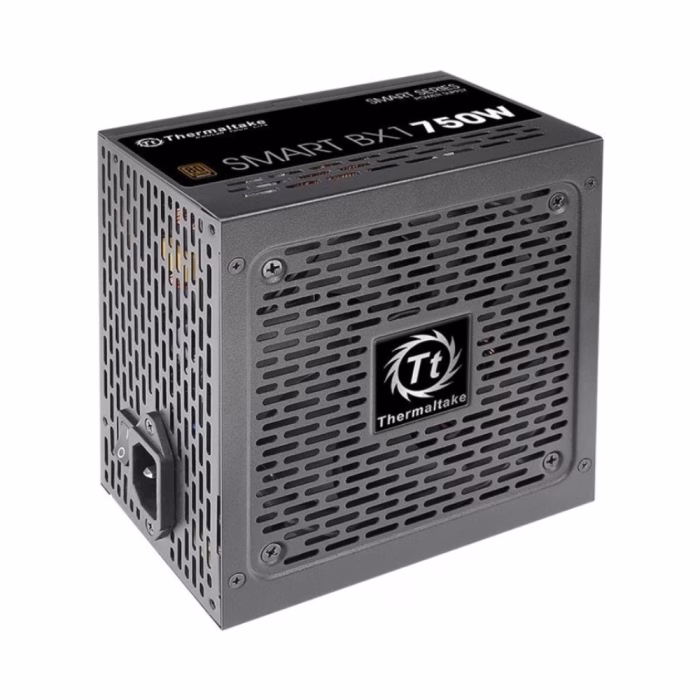 พาวเวอร์ซัพพลาย Thermaltake Smart BX1 750W แสดงช่องเสียบสายไฟ AC สวิตช์เปิด-ปิด และพัดลมระบายความร้อน
