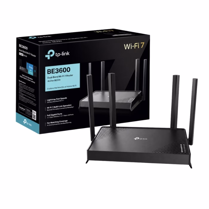 tp-link-archer-be220-be3600-wifi-7-router-1 เราเตอร์ไร้สาย TP-Link Archer BE220 Wi-Fi 7 วางคู่กับกล่องผลิตภัณฑ์สีดำแสดงฟังก์ชันเด่น BE3600