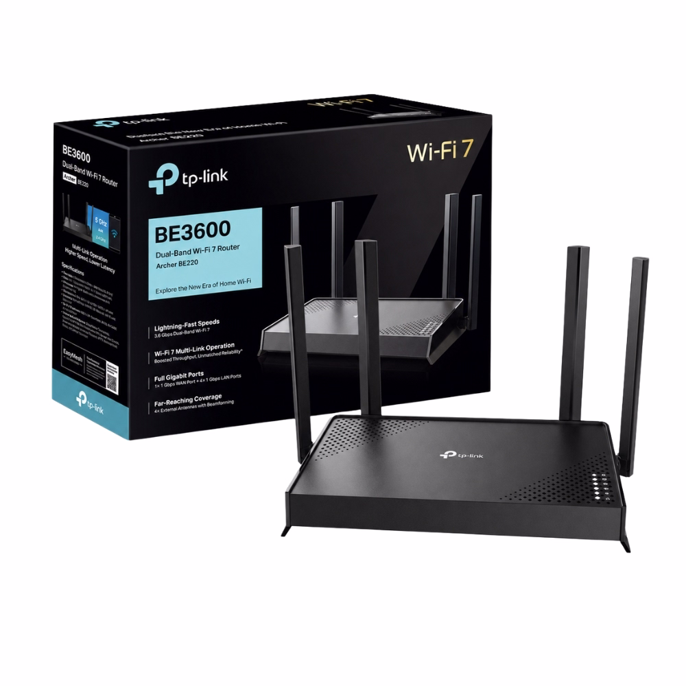 tp-link-archer-be220-be3600-wifi-7-router-1 เราเตอร์ไร้สาย TP-Link Archer BE220 Wi-Fi 7 วางคู่กับกล่องผลิตภัณฑ์สีดำแสดงฟังก์ชันเด่น BE3600