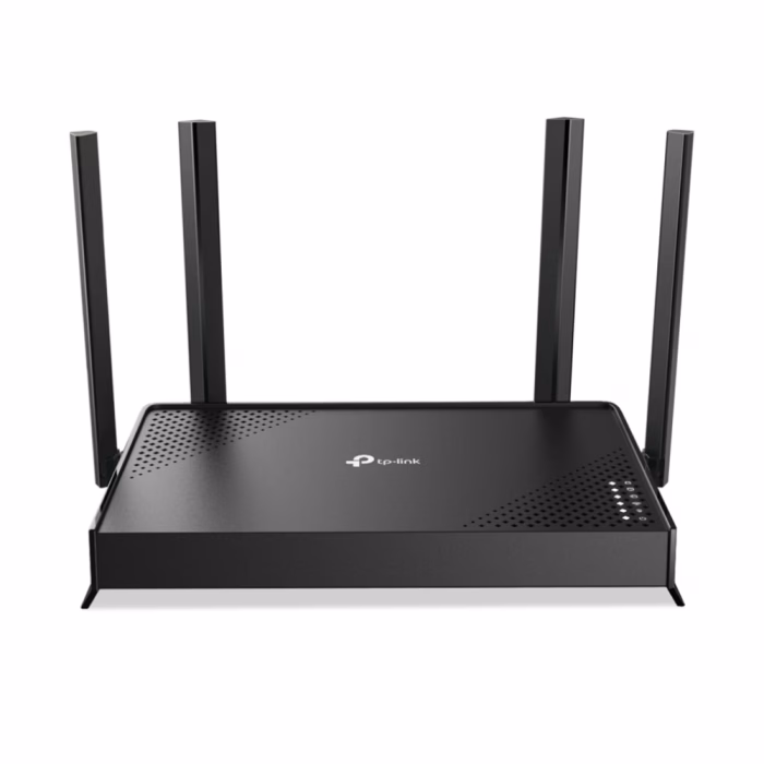 tp-link-archer-be220-be3600-wifi-7-router-2 เราเตอร์ TP-Link Archer BE220 Wi-Fi 7 สีดำด้านหน้าตรง แสดงเสาอากาศ 4 ต้นและไฟสถานะ LED