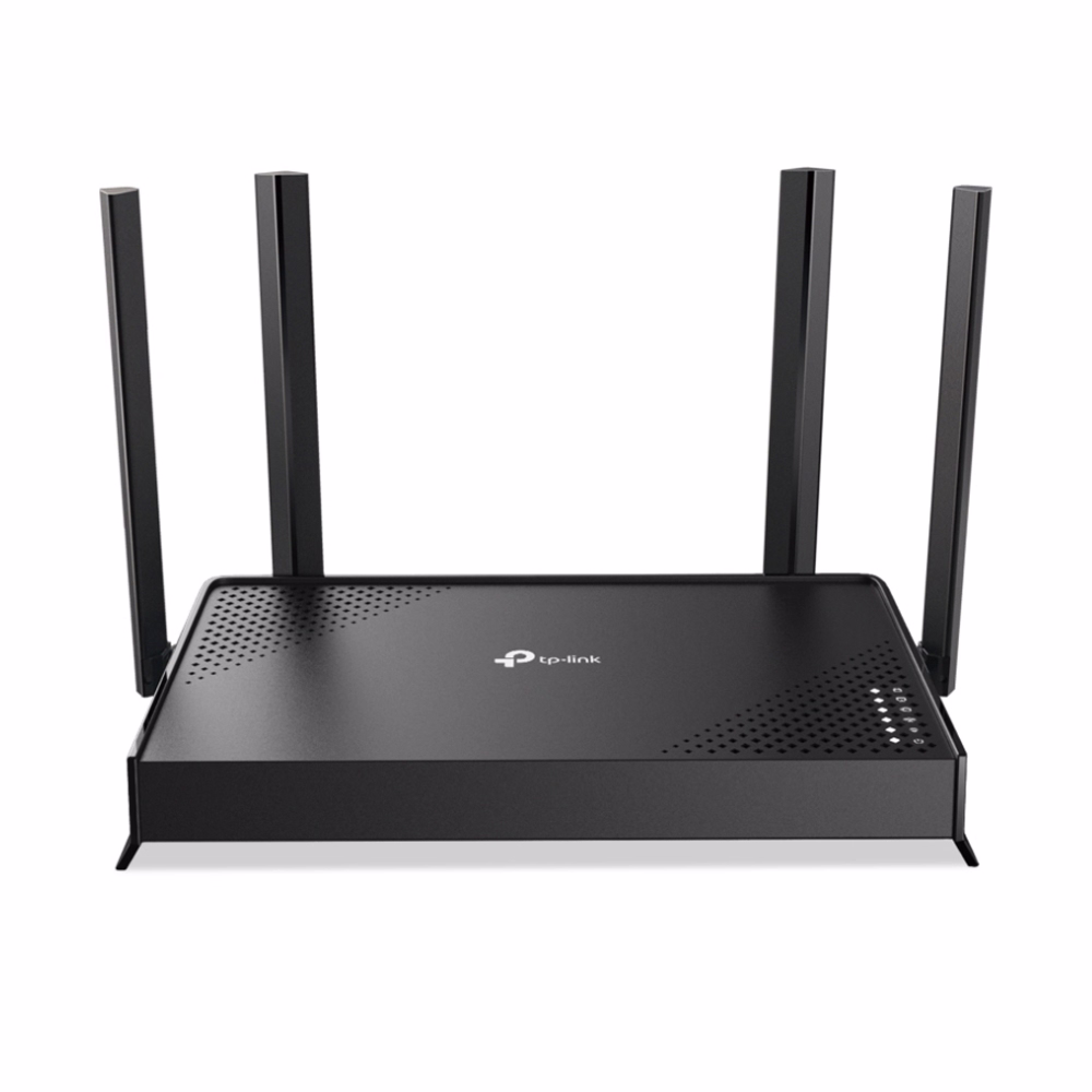 เราเตอร์ TP-Link Archer BE220 Wi-Fi 7 สีดำด้านหน้าตรง แสดงเสาอากาศ 4 ต้นและไฟสถานะ LED