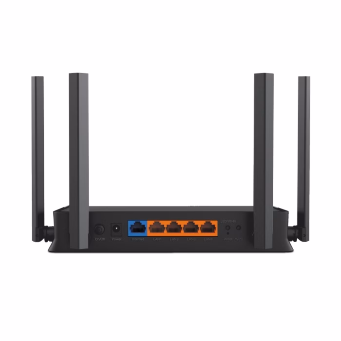 tp-link-archer-be220-be3600-wifi-7-router-3 แผงพอร์ตเชื่อมต่อด้านหลังของเร้าเตอร์ TP-Link Archer BE220 Wi-Fi 7 แสดงพอร์ต WAN, LAN และปุ่มควบคุม