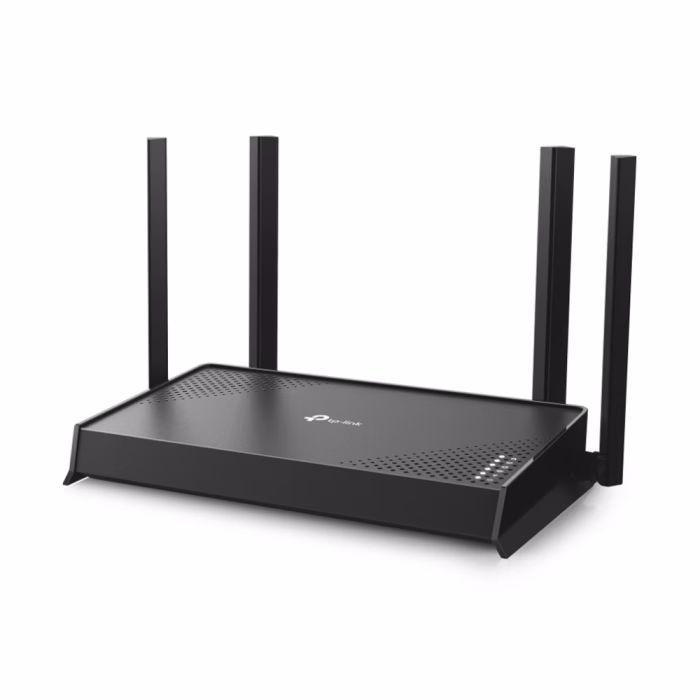 tp-link-archer-be220-be3600-wifi-7-router-4 เราเตอร์ TP-Link Archer BE220 Wi-Fi 7 มุมเฉียง แสดงลวดลายระบายความร้อนและโลโก้ทีพี-ลิงก์